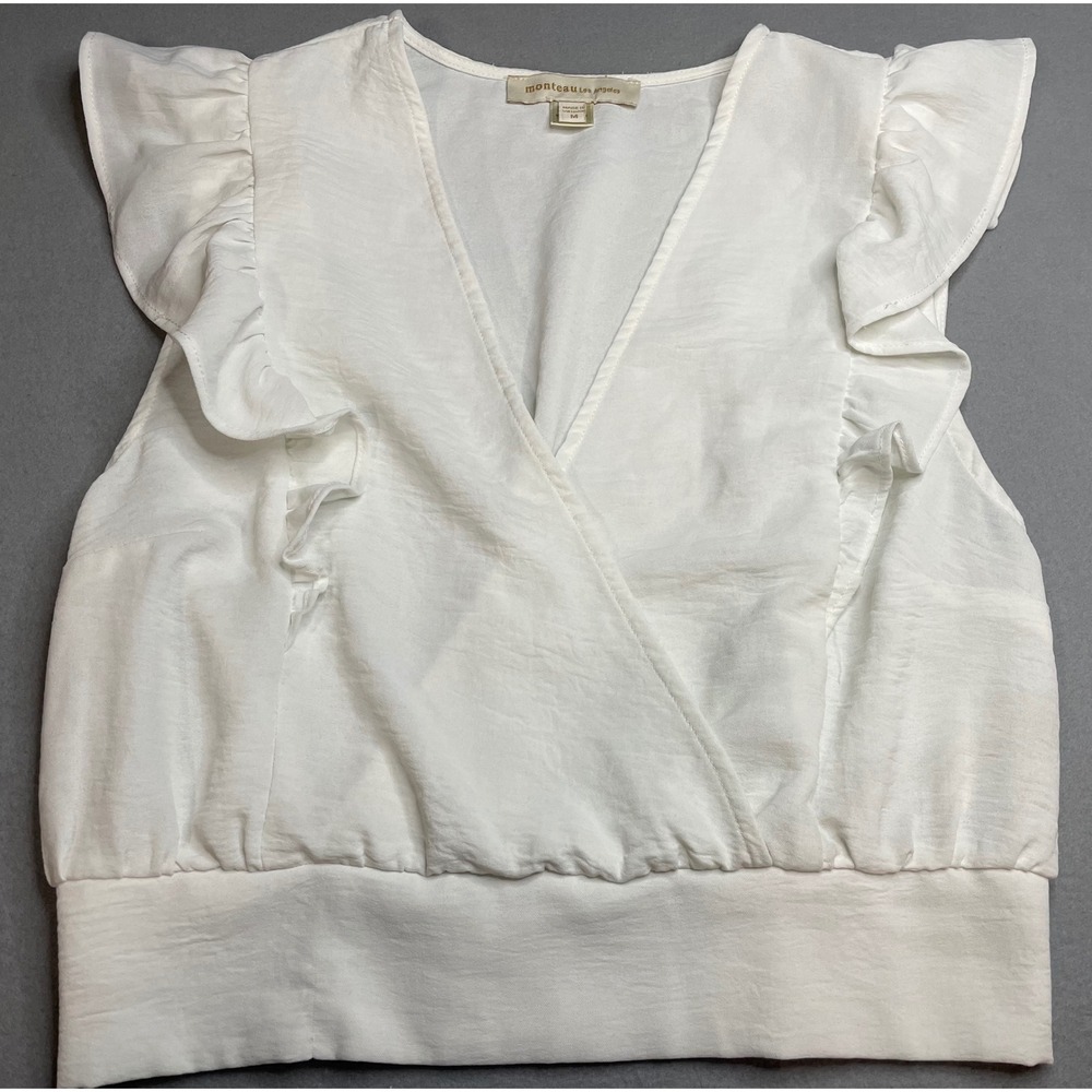 Monteau Los Angeles White‎ Ruffle Wrap Top Sleeveless Smocked Back Womens M